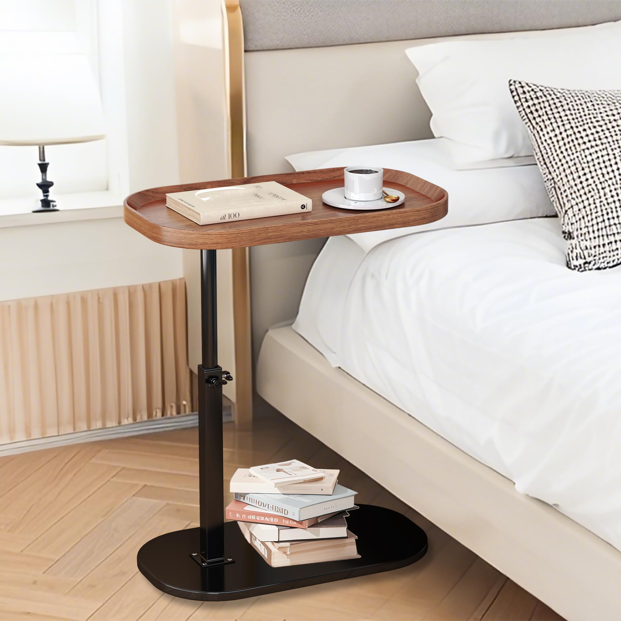 Adjustable Height C Shaped Side Table, Lift up Laptop Tv Tray for Sofa and Bedside, 360°Swivel Small Coffee C Table, Modern Under Sofa Table