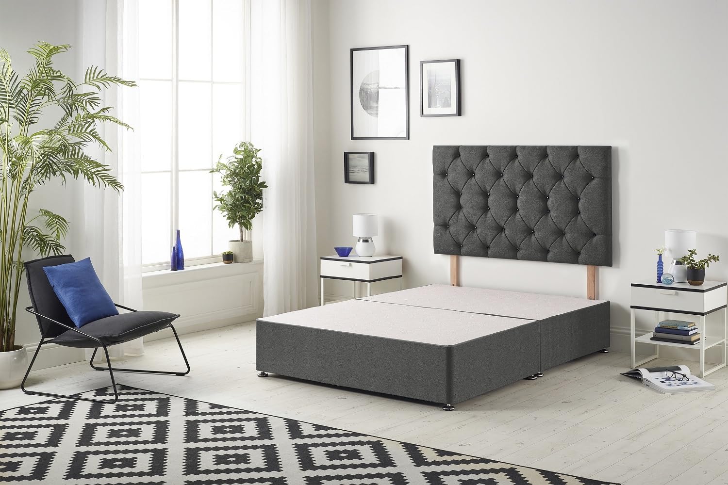 Bed Centre Charcoal Premier Divan Bed Base With Headboard And Storage Drawer- 3FT Single, 4FT Small Double, 4ft6 Double, 5FT King