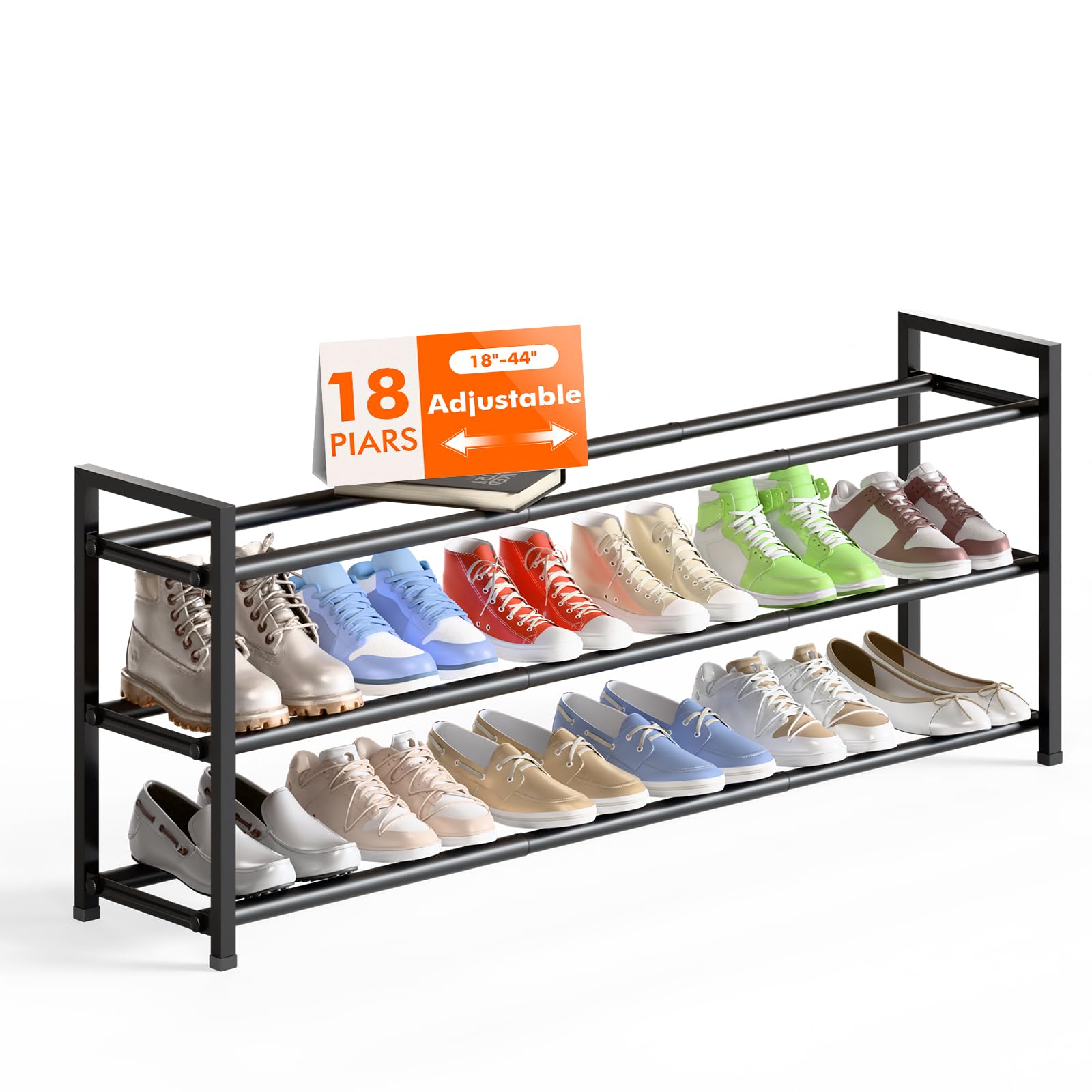 Bumusty 3 Tier Long Expandable Shoe Rack, Black