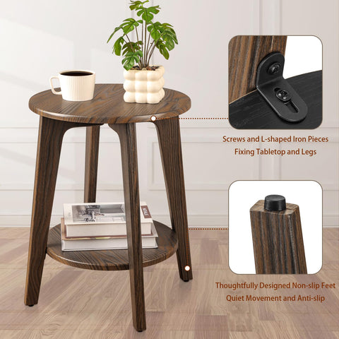 FEUFOAM Small Round Side Table Wooden End Table with Lower Shelf Modern Nightstand Bedside Tables for Small Spaces, Living Room, Bedroom Rustic Brown