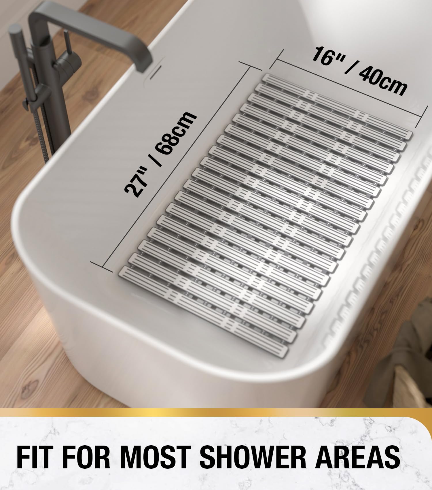 HITSLAM Light Grey TPE Bath Mat, 68x40cm, Non Slip Bathtub Mat