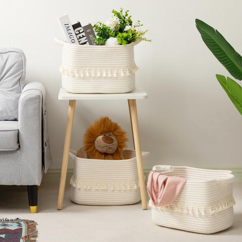 TeoKJ Storage Basket 38x25x22cm – Handwoven with Tassels, Rope Bin for Living Room, Bathroom, Decorative Woven Storage Solution White