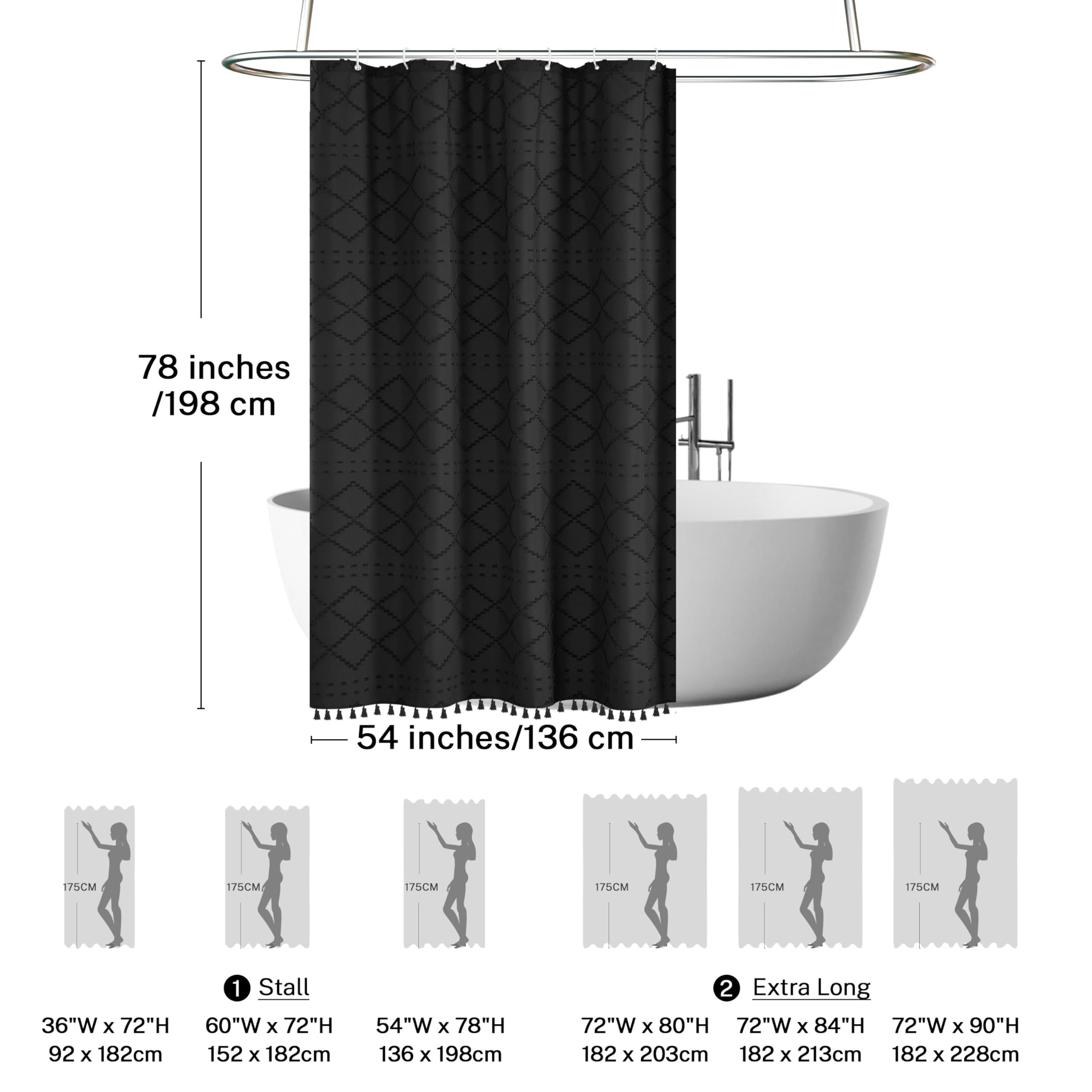 Extra Long Boho Black Woven Fabric Shower Curtain with Tassels 54 x 78 Modern Farmhouse Minimalist, Tufted Chevron Striped Shabby Chic Textured
