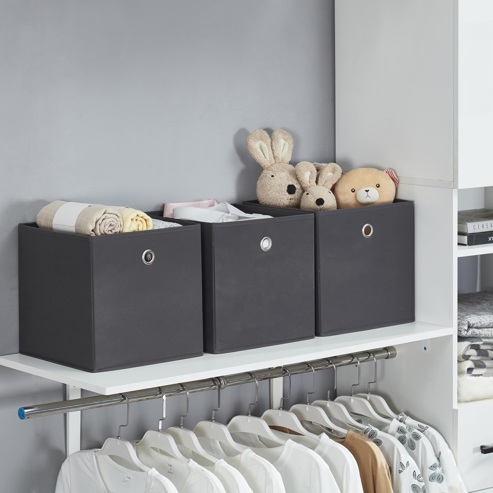 Webeasy Square Canvas Fabric Storage Box, Pack of 6 Eyelet Cube Foldable Open Bins for Home Office Nursery Organisation,Grey,28X28X28(CM)