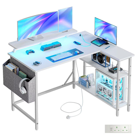 DOMSHOCT L Shaped Gaming Desk with LED Lights & Power Outlets, 120 * 80cm Corner Computer Table with Storage Bag & Adjustable Shelves & Large Monitor