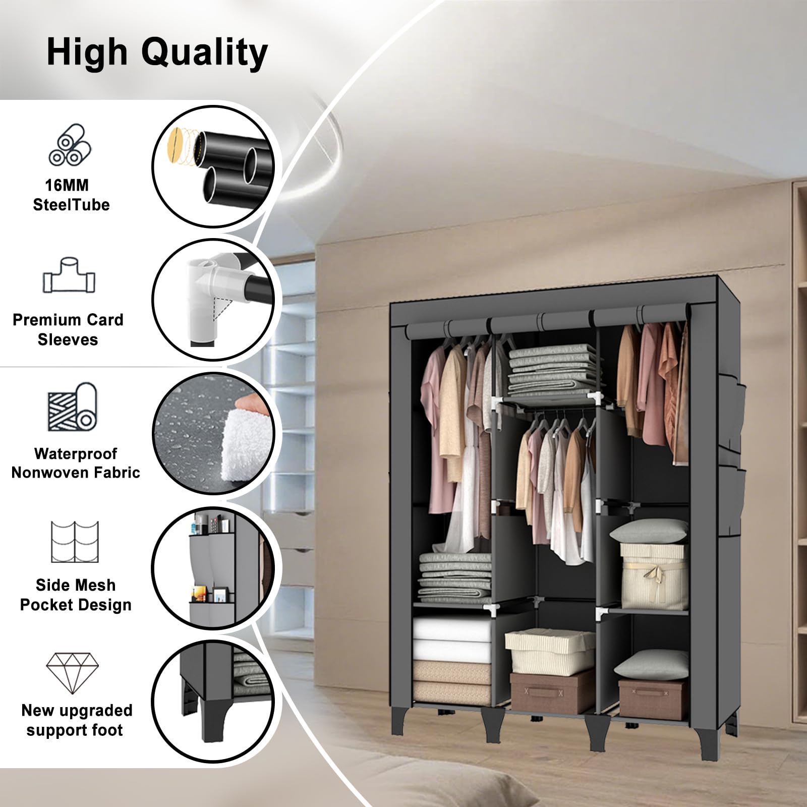 OPPAIYA Canvas Wardrobe, Portable Wardrobe With 3 Hanging Rails, 6 Shelves and 8 Side Bags, 165 * 45 * 125cm Temporary Storage Closet