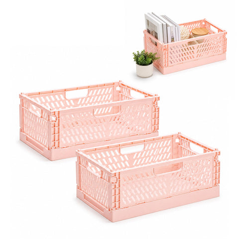 PIANKEKE 2 Pcs Collapsible Storage Box Pink, Plastic Stackable Folding Storage Crates with Handles