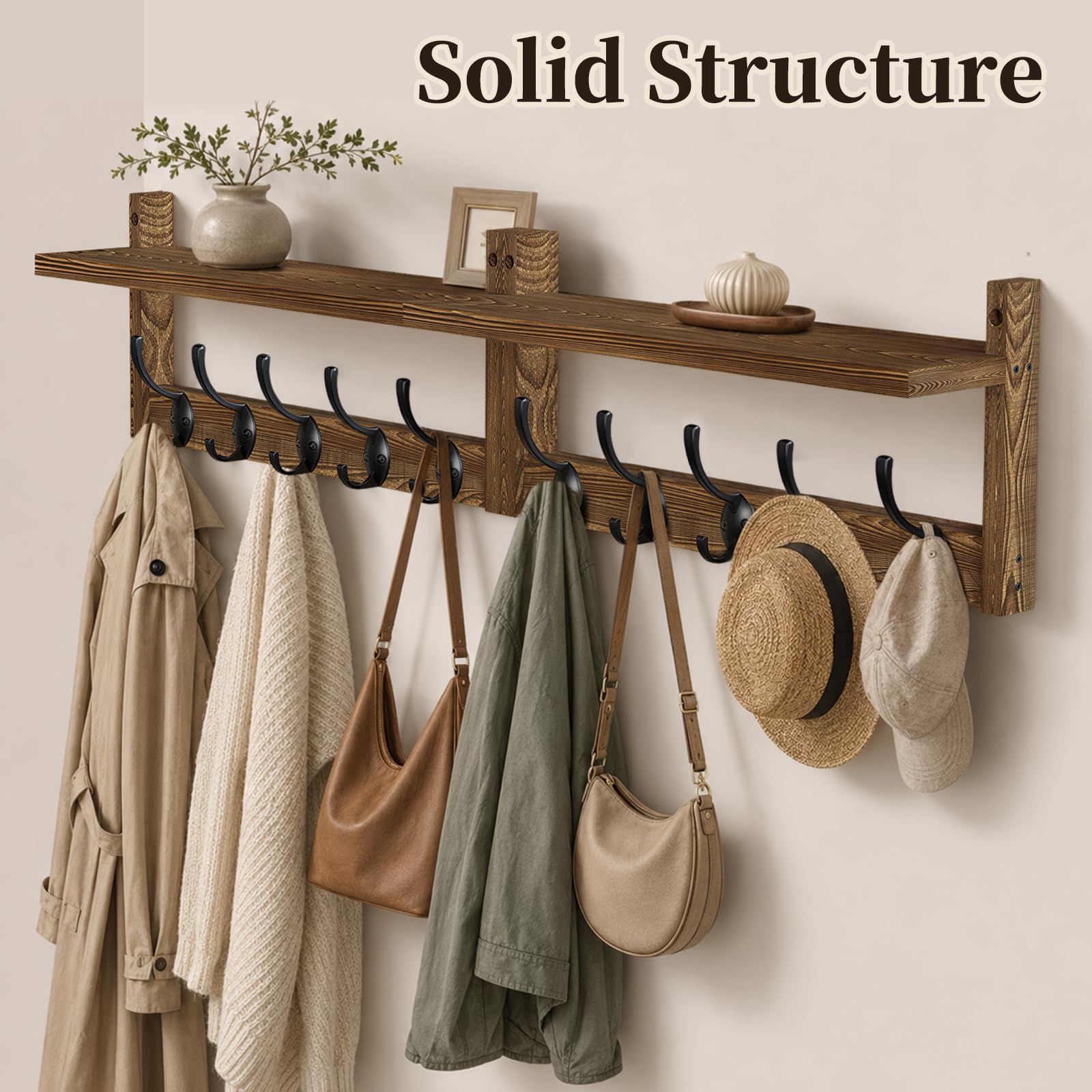 Coat Rack Wall Mounted, 87cm Wooden Extra-Long Wall Hook Rack with Shelf, Set of 2 Coat Hooks with 10 Hooks for Hanging Coats Hats Scarves