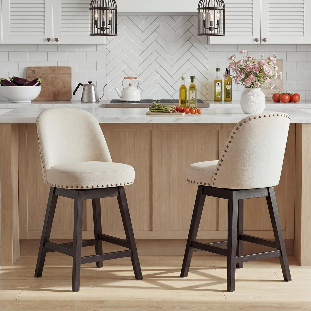 Bar Stools Set of 2, 360° Swivel Counter Stools with Upholstered Seat, Wooden Frame & Nailhead Trim