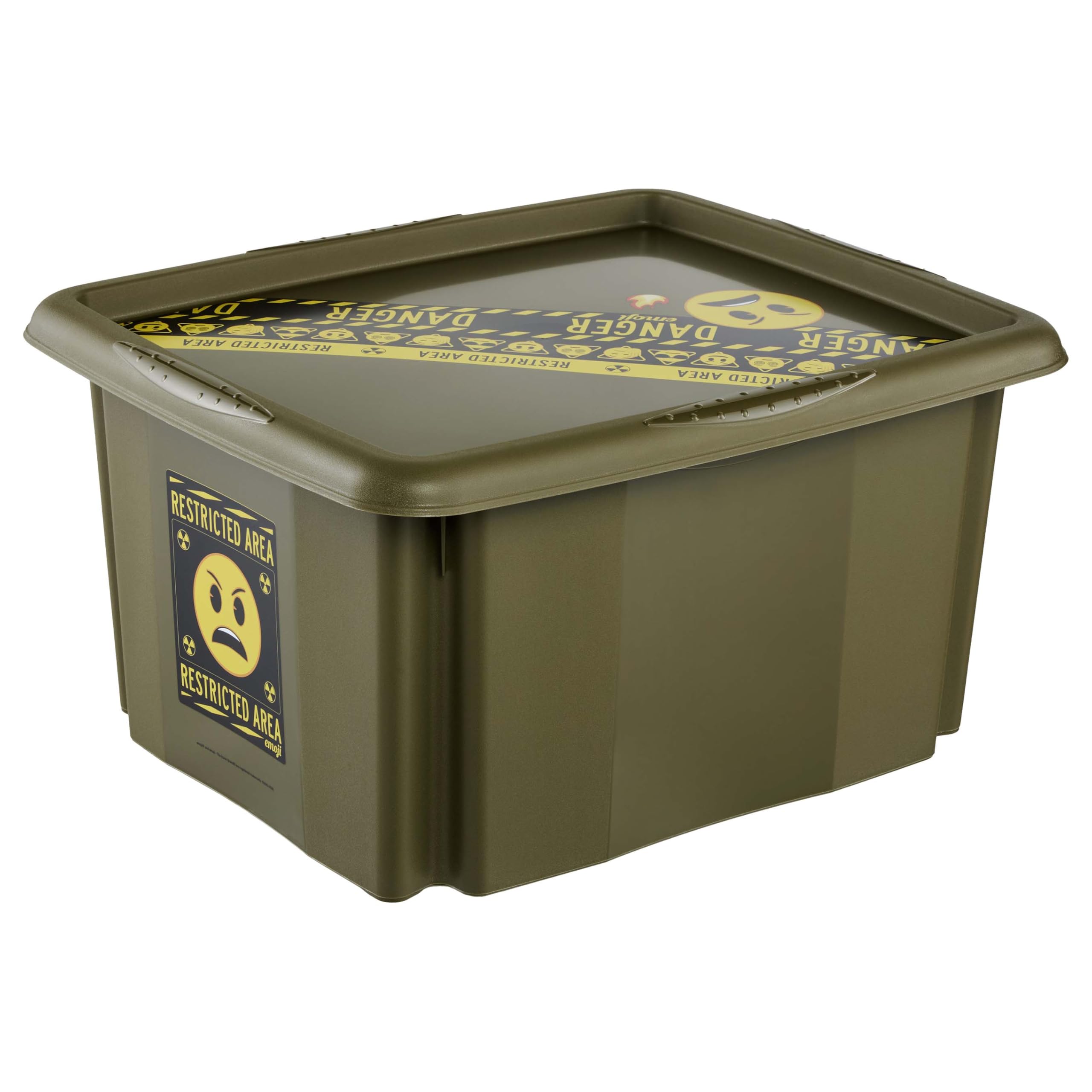 keeeper karolina storage box with lid, 24 l, rotatable and stackable, Emoji Danger design, For children, olive green (Olive)