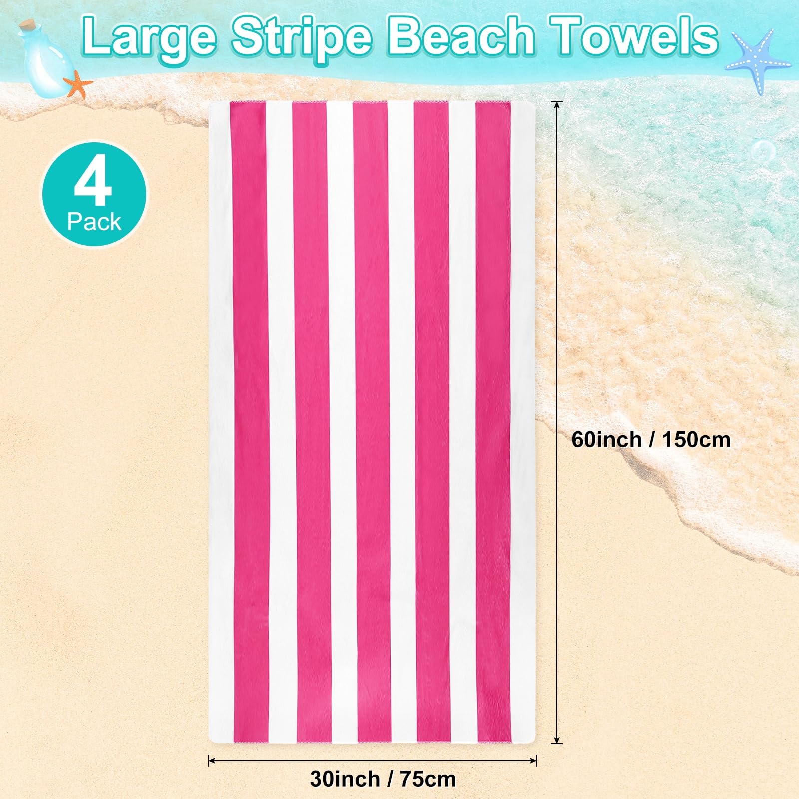 M METERXITY 4-Pack Large Stripe Beach Towels 30x60in Rose Red