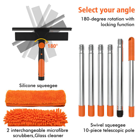 Window Cleaning Squeegee & Washer Set, 2-in-1 Window Cleaning Equipment with 2m(6.6Ft) Extendable Pole & 400ml Glass Cleaner,Streak-Free Cleaning for