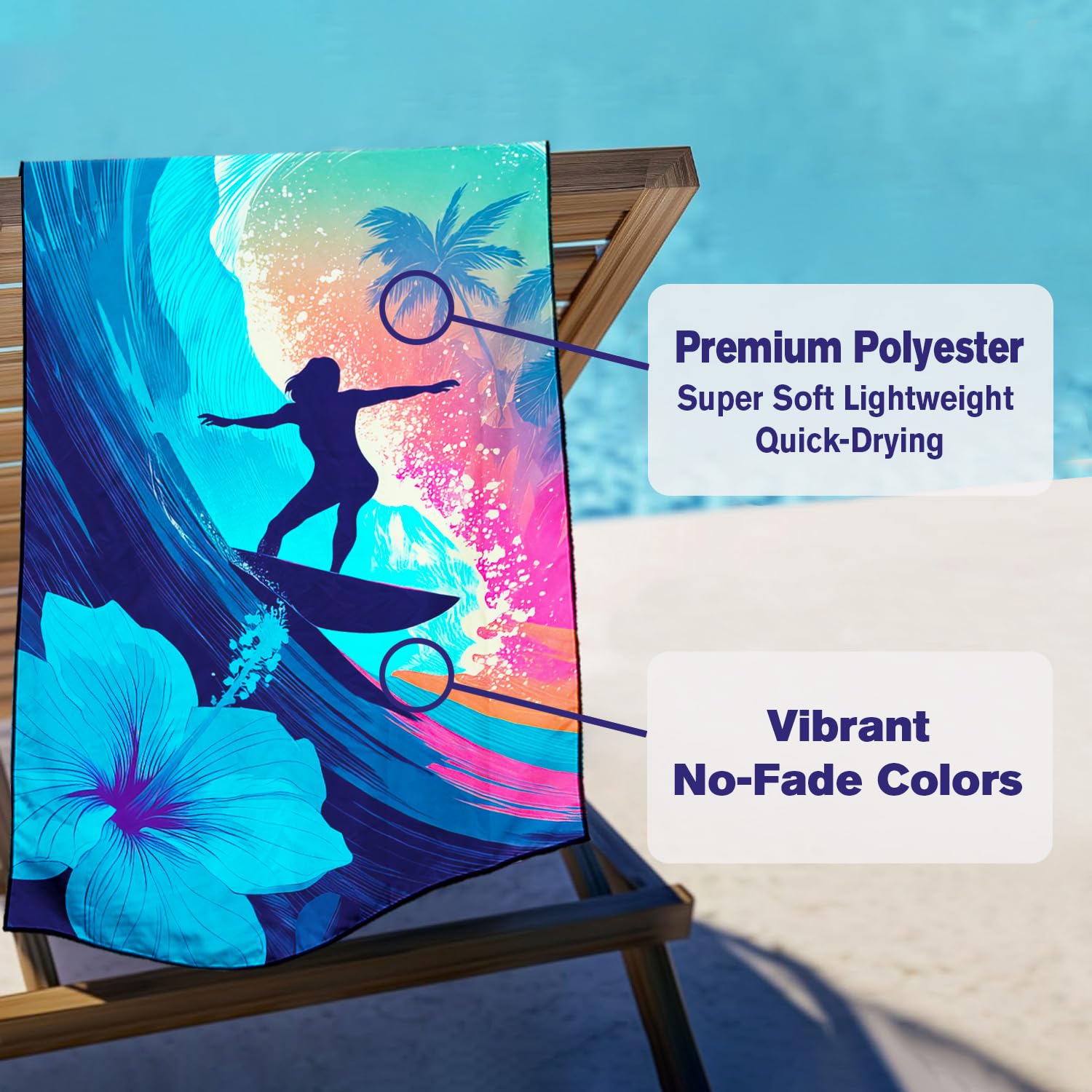 Violetpos Neon Surfer Beach Towel, Extra Large 180x90 cm 250GSM Microfibre, Sand Free Quick Dry