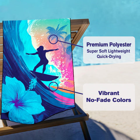 Violetpos Neon Surfer Beach Towel, Extra Large 180x90 cm 250GSM Microfibre, Sand Free Quick Dry