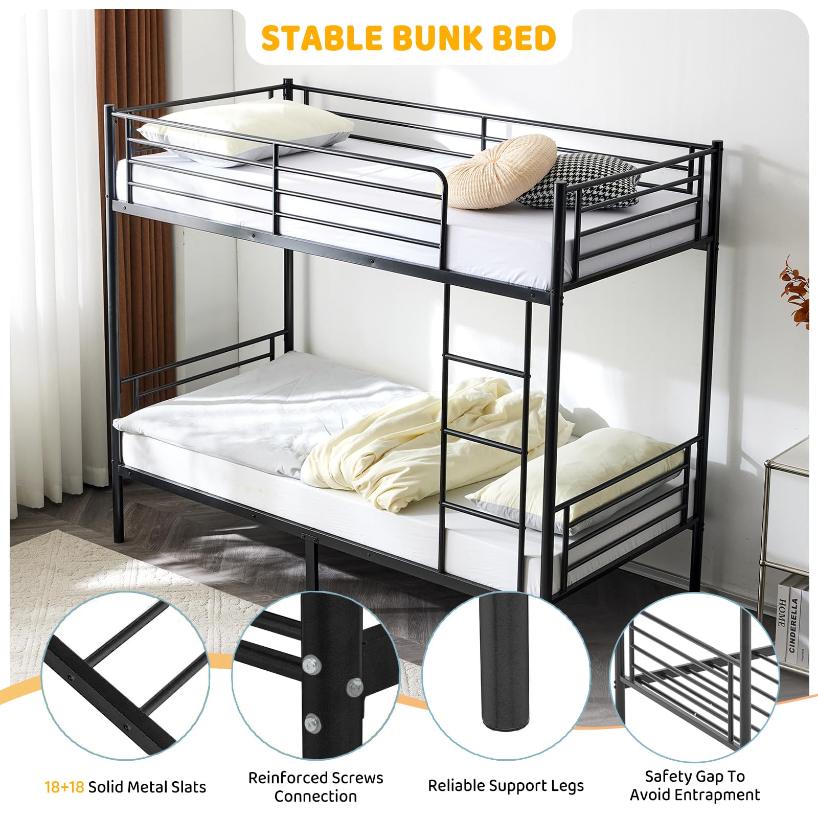 Bonnlo Metal Bunk Bed, Single over Single Loft Bed Frame with Ladder and Safety Guardrail