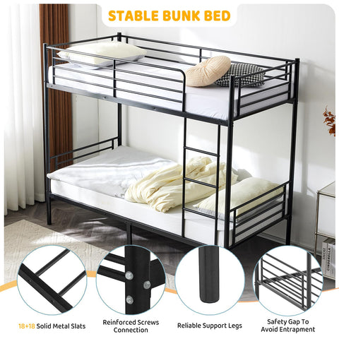 Bonnlo Metal Bunk Bed, Single over Single Loft Bed Frame with Ladder and Safety Guardrail