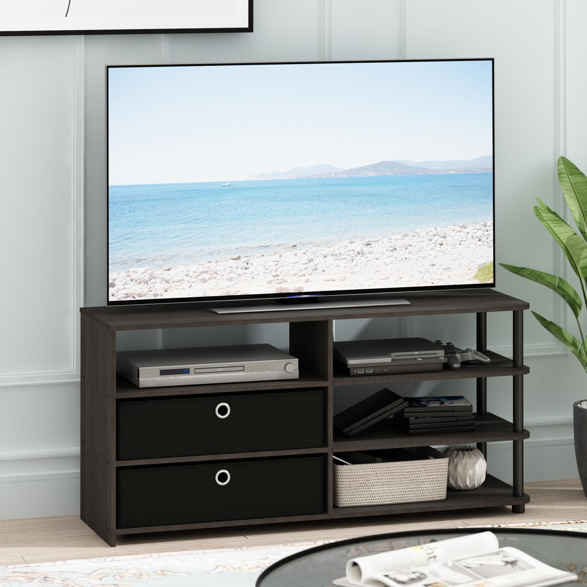 Furinno Jaya TV Stand for TV up to 55-Inch with Storage Bins & Cable Management Hole, 4-Tier Black Entertainment Center, TV Console, for Living Room