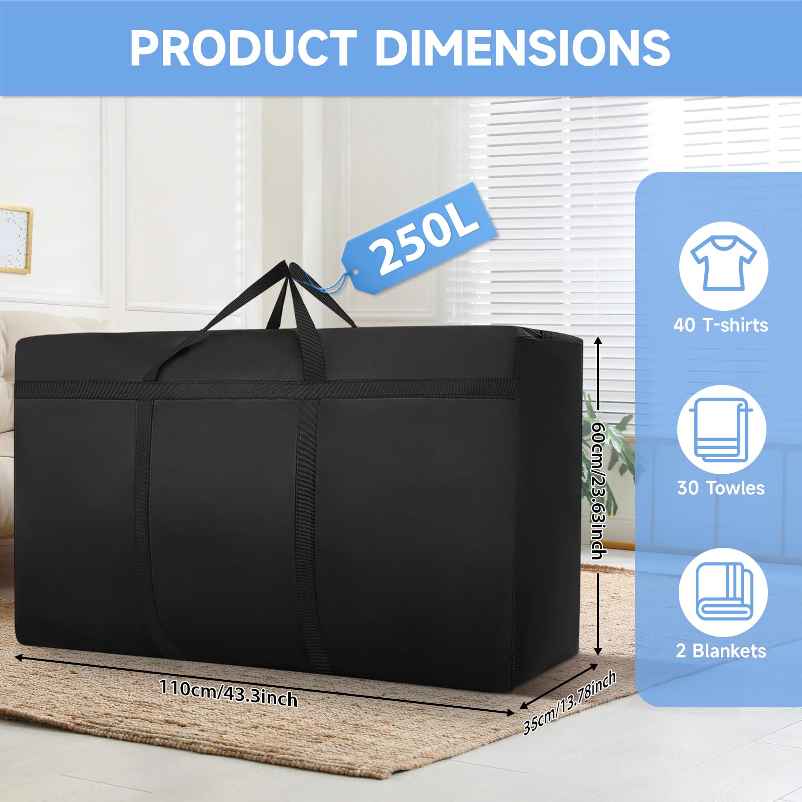 4 Pack 250L Moving Boxes Large Strong, Extra Large Storage Bags for Clothes,Under Bed Storage Boxes with Zips for Duvets, Laundry, House Garden
