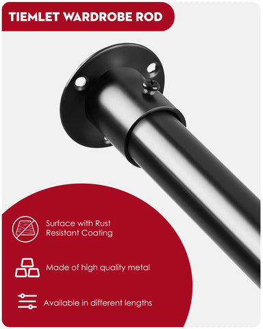 Wardrobe Rail, Extendable Clothes Rail Black 74-163cm, Stainless Steel Clothes Hanging Pole With Screws and Fixing Sockets for Wardrobe 25MM