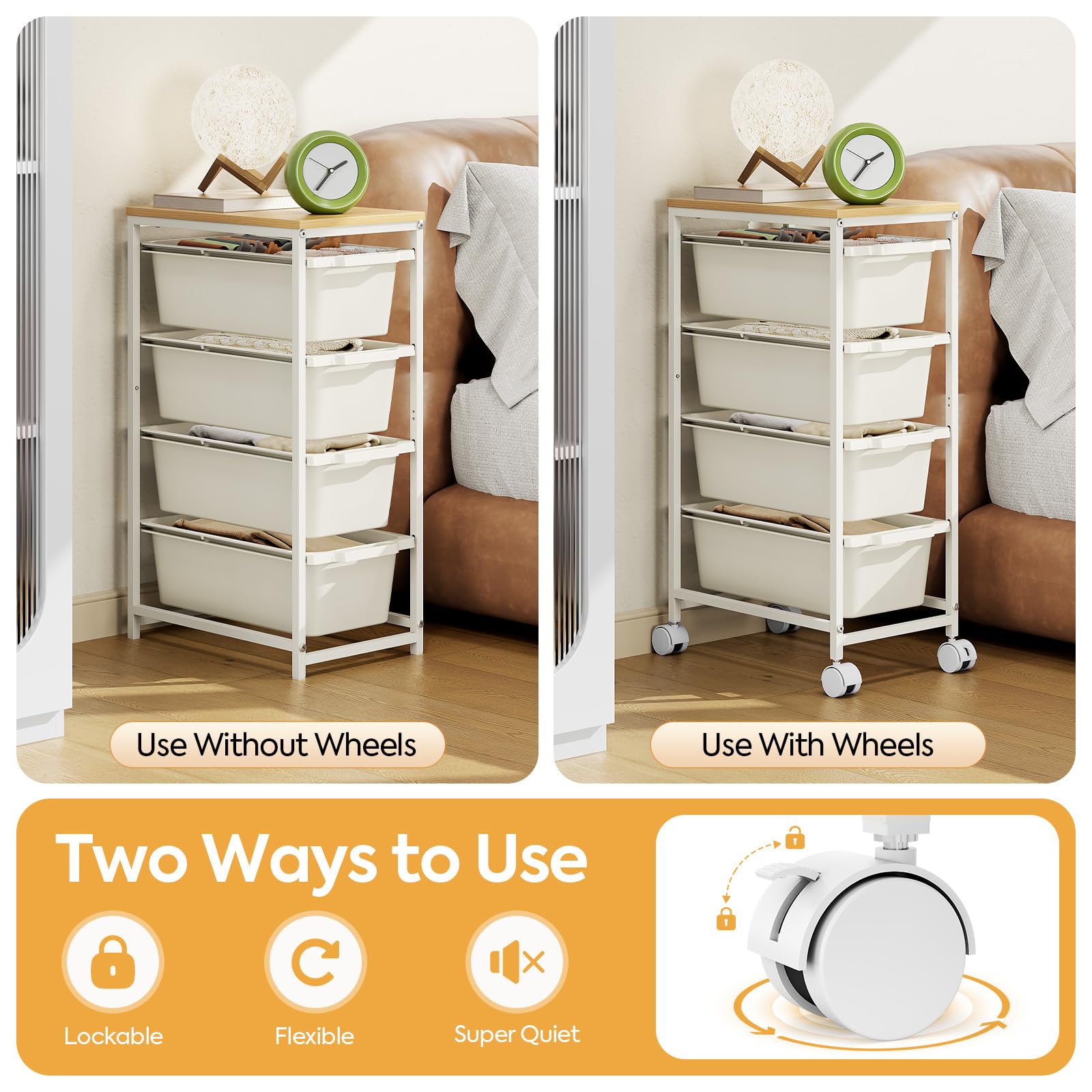 KINGBOARD 4 Drawers Storage Trolley on Wheels, White