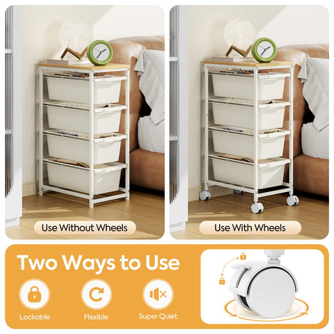 KINGBOARD 4 Drawers Storage Trolley on Wheels, White