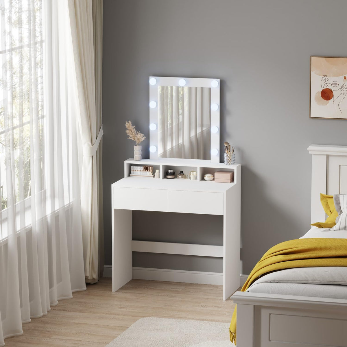 WestWood Modern LED Dressing Table with Hollywood Mirror, Makeup Vanity Desk with Drawers and Open Shelves