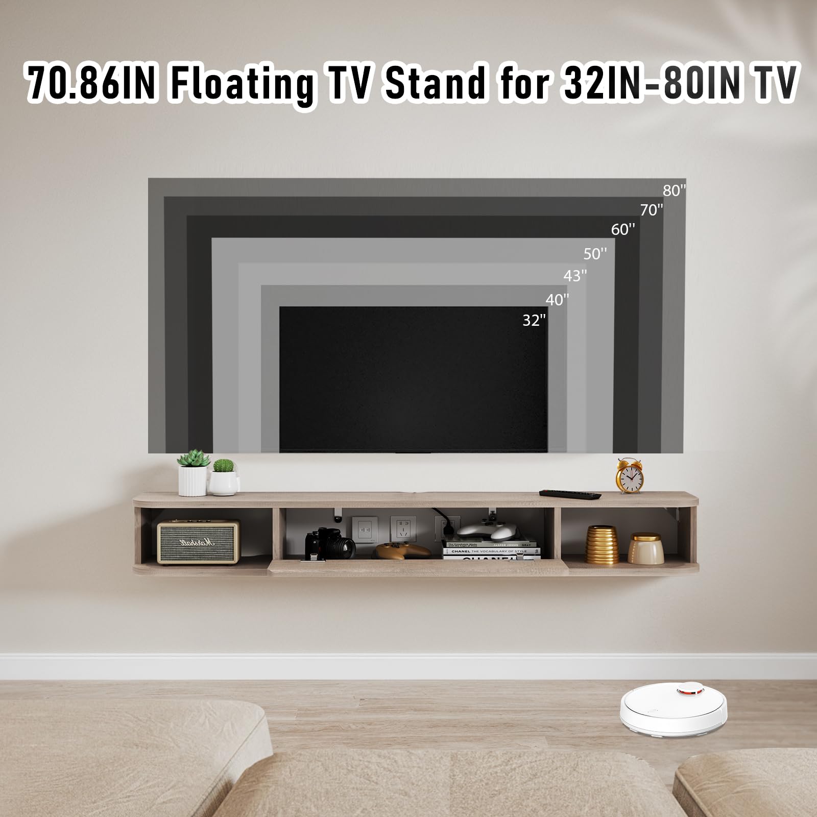 Pmnianhua Floating TV Shelf, Wall Mounted TV Cabinet, Floating Shelves with Door, Modern Entertainment Media Console Center Large Storage Under TV