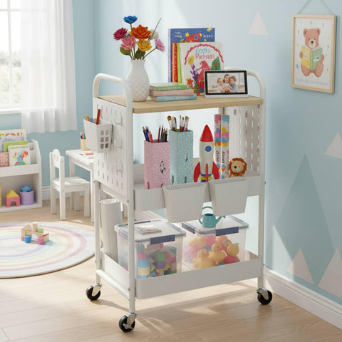 danpinera 3 Tier Rolling Cart, Metal Utility Cart with Wooden Table Top & DIY Pegboard, Rolling Carts
