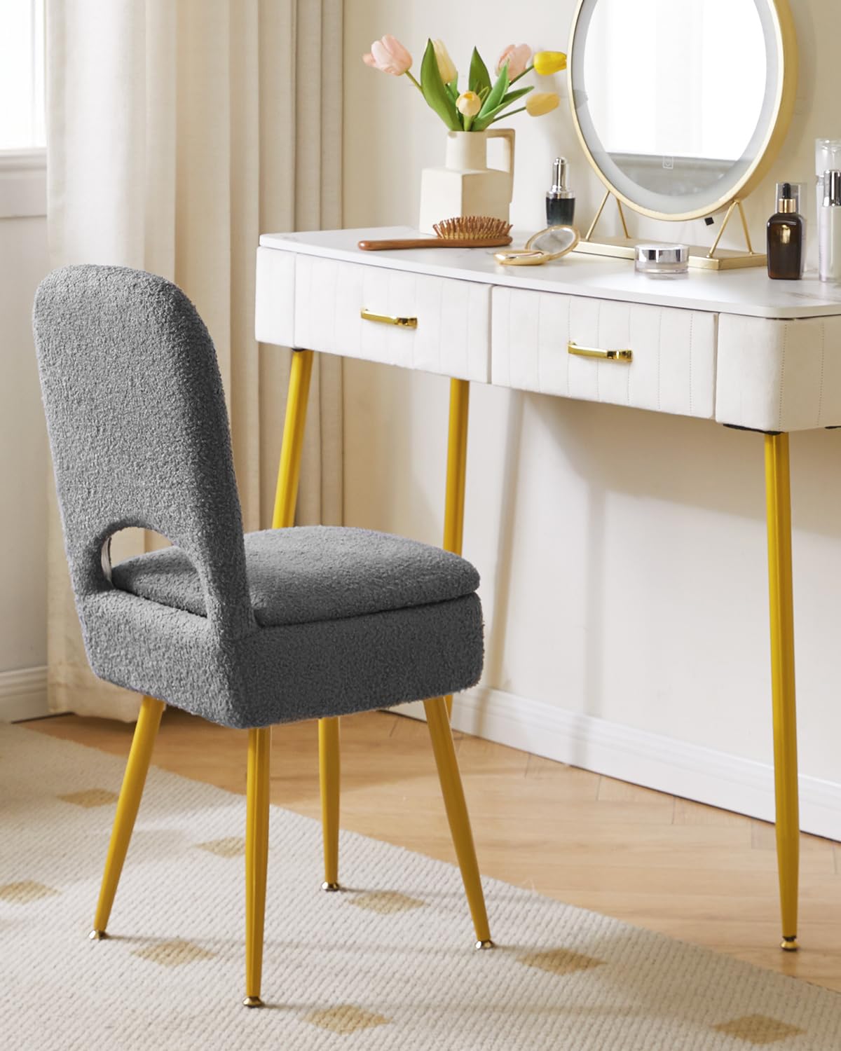 IBUYKE Storage Vanity Stool Chair with Folding Backrest, Gray WBD027G