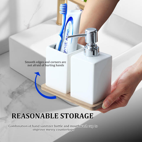 White Ceramic Bathroom Set with Wood Tray | Includes 320ml Soap Dispenser & Tumbler | Luxury Bathroom Accessories & Decor
