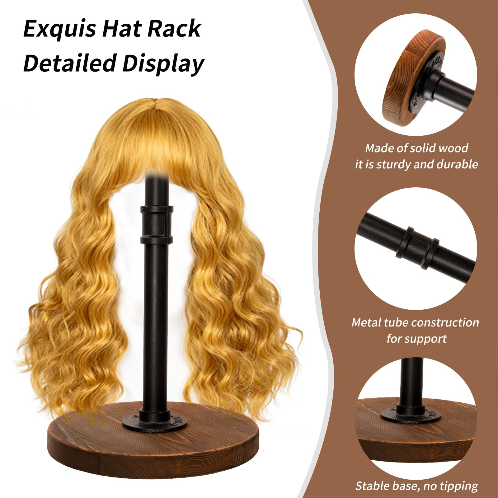 exquis Adjustable Helmet & Hat Display Stand – Rustic Wood Base with Matte Black Metal Rod, Height Adjustable 12"–17.5", Set of 1