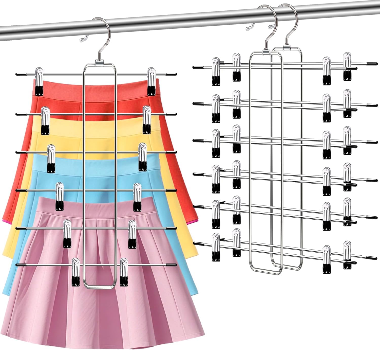 ABCHCHS Pants Hangers with Clips - Space Saving Hanging Closet Organizer and Storage - 6 Tiers Skirt Hangers with 360° Swivel Hook