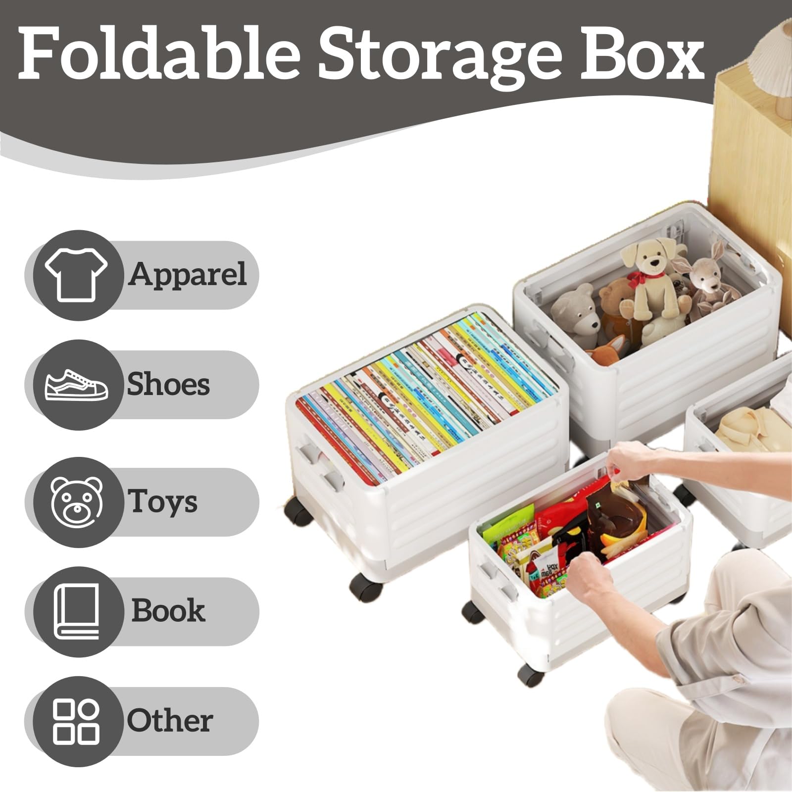 40L Foldable Storage Box with Wheels Heavy Duty Storage Trunk Organiser with Lid 360° Rotating Wheels & Fixed Handle