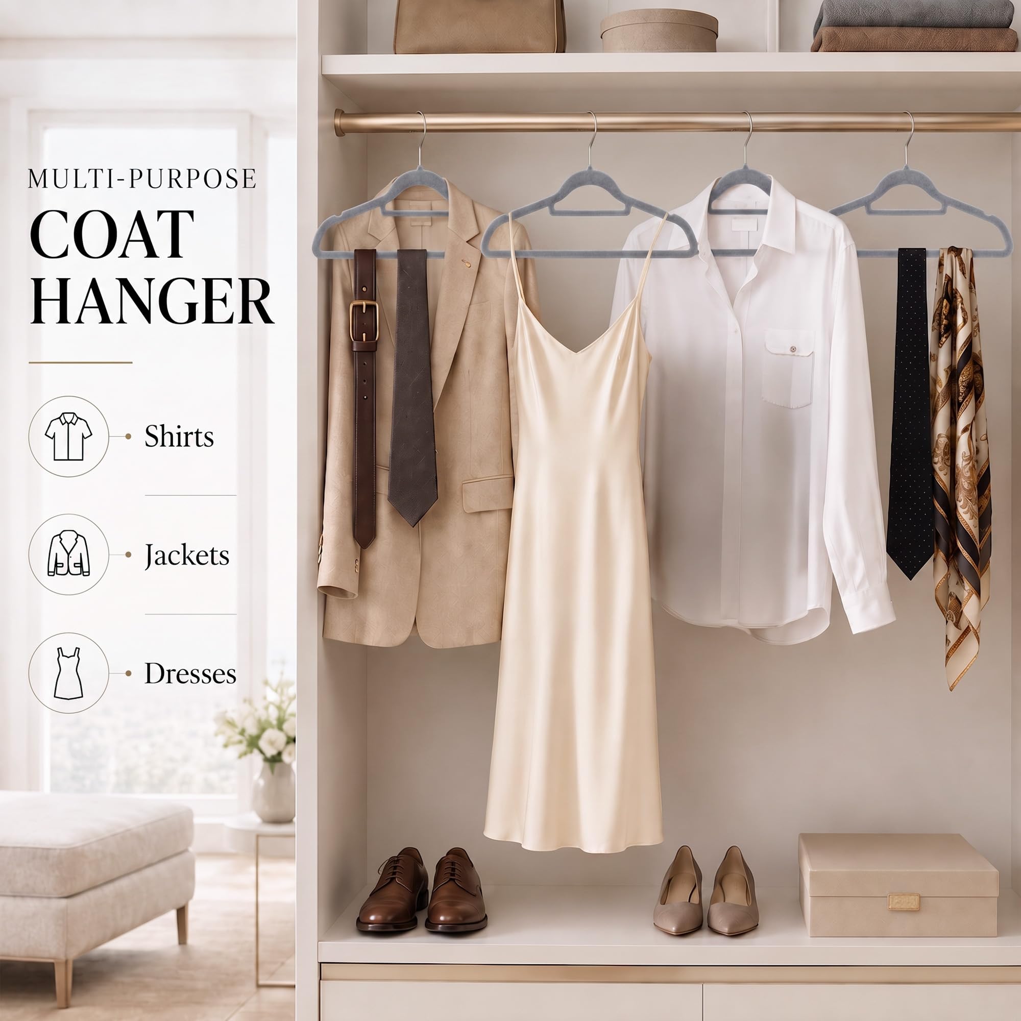Housezy Coat Hangers, 20 Pack, Non-Slip Velvet Hangers for Clothes with Tie Bar & 360° Rotating Hook, Strong & Durable