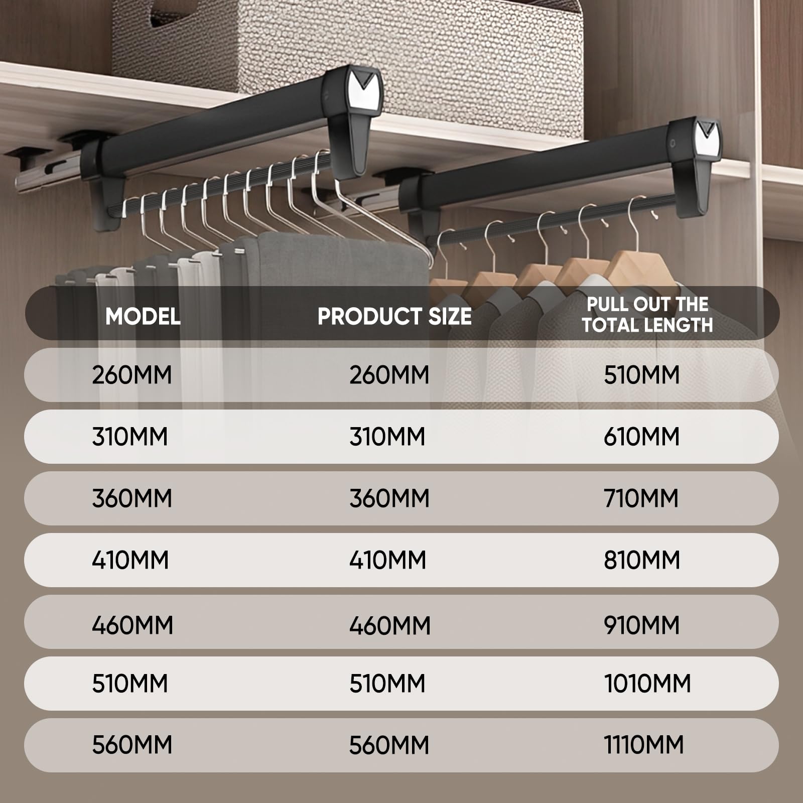 Pull Out Clothes Rail,Pull out Hanger Rail (26-61CM) Steel Adjustable Clothes Rail For Trousers Clothing Storage, Space Saving (61CM)