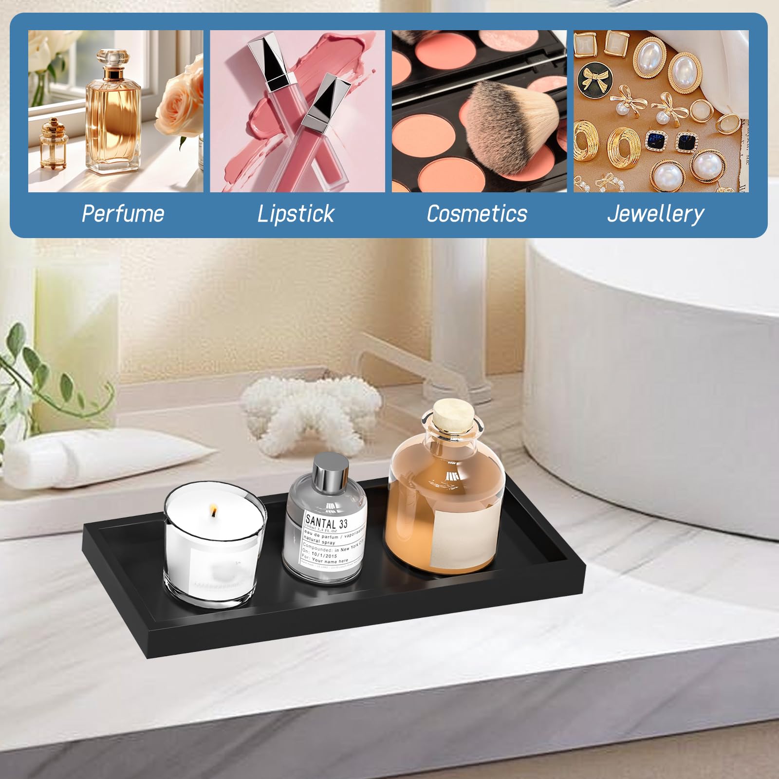 2 Pcs Bathroom Vanity Tray with 2 Soap Tray, 20 × 10 cm Black Rectangular Silicone Decorative Tray for Storage Perfume, Candles, Soap, Dressing