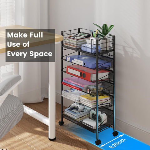 Shrivee 6-Tier Metal Rolling File Cart with Wheels, Black & White, Modern Office/Home/School Teacher Classroom File Organizer, Space-Saving