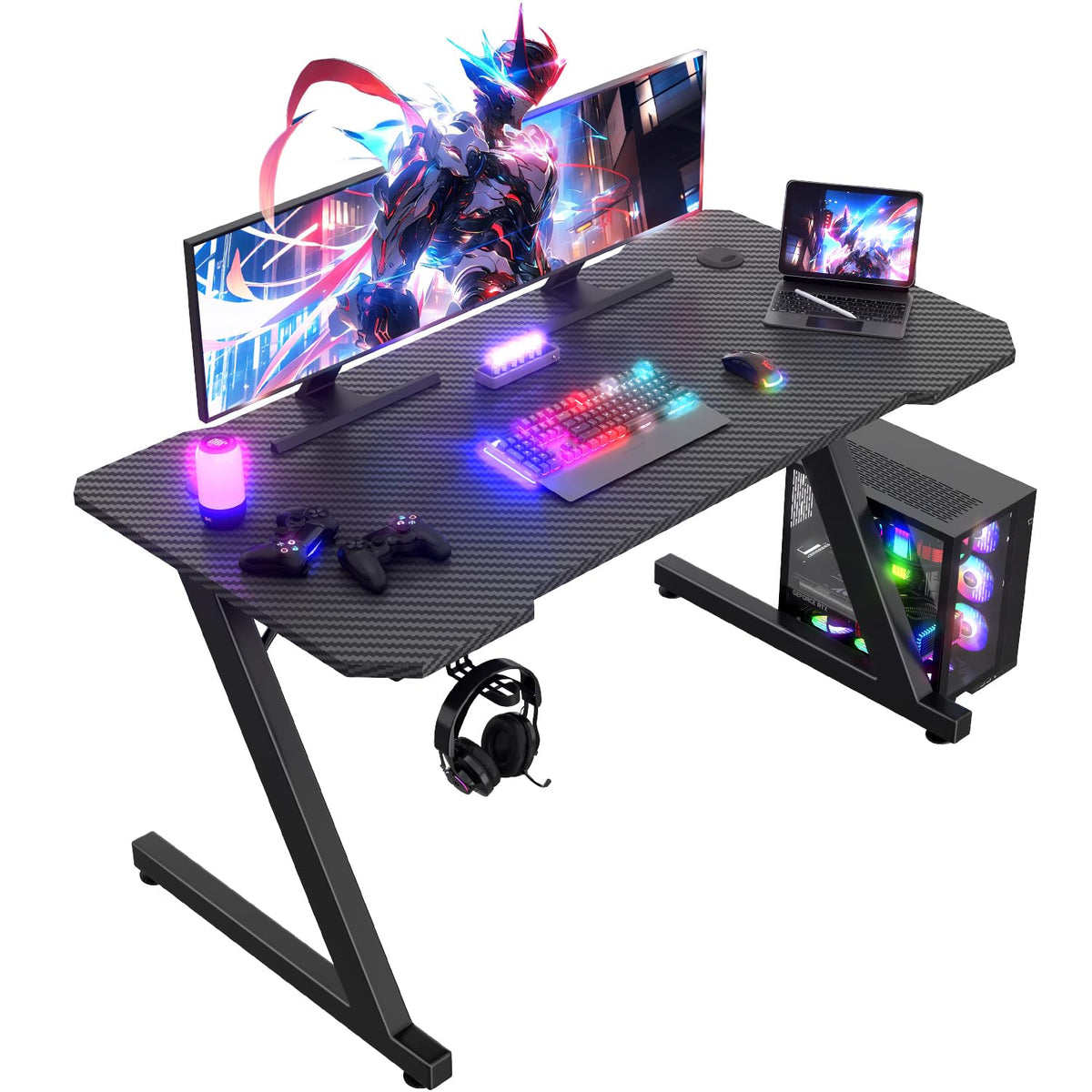 JUMMICO Gaming Desk 120 x 60 cm, Z Shaped Gaming Table Computer Desk PC Gamer Desk for Home Office, Gaming Desk with Headphone Hook, Black
