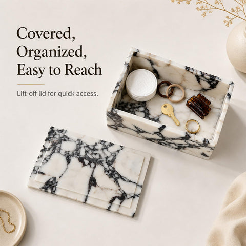 Artisanal Abode Luxury Marble Storage Box with Lid, White and Purple Veined Pattern, Decorative Organizer for Makeup Brushes, Jewelry