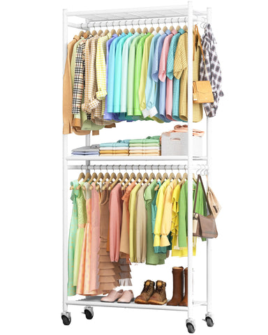 Sakugi Metal Clothing Rack Shelves Hooks & Wheels, 84x31x202cm, White