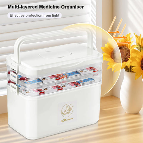 MICHIHOMIE 3 Layer Medicine Storage Box, Portable First Aid Box with Handle, Large Capacity Medicine Boxes Organiser for Home, Office, School