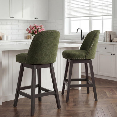 Bar Stools Set of 2, 360° Swivel Counter Stools with Upholstered Seat, Wooden Frame & Nailhead Trim