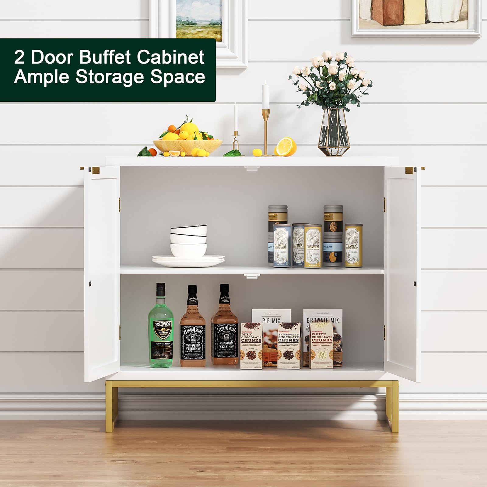 Skokliz Rattan Cabinet with Doors, White Sideboard Buffet Storage Cabinet with 2 Doors Kitchen Sideboard Furniture with Natural Rattan
