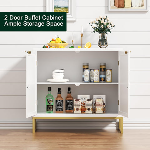 Skokliz Rattan Cabinet with Doors, White Sideboard Buffet Storage Cabinet with 2 Doors Kitchen Sideboard Furniture with Natural Rattan