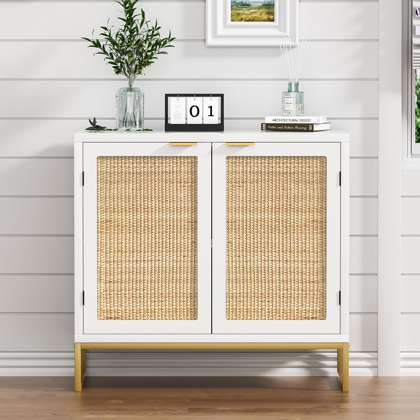 Skokliz Rattan Cabinet with Doors, White Sideboard Buffet Storage Cabinet with 2 Doors Kitchen Sideboard Furniture with Natural Rattan