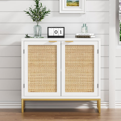 Skokliz Rattan Cabinet with Doors, White Sideboard Buffet Storage Cabinet with 2 Doors Kitchen Sideboard Furniture with Natural Rattan