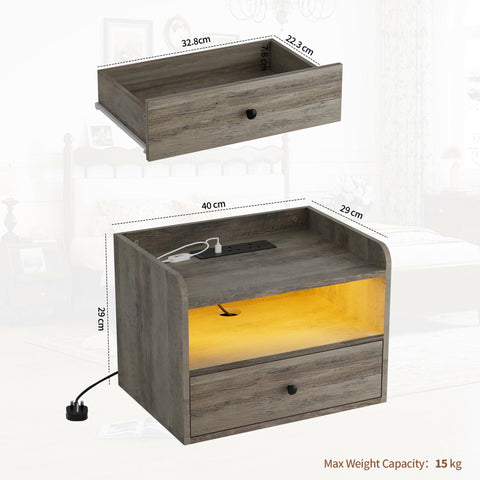 BonVache Set of 2 Floating Bedside Tables, Multi-Function Adjustable Lighting and Charging Station, Floating nightstand with Open Shelf and Drawer