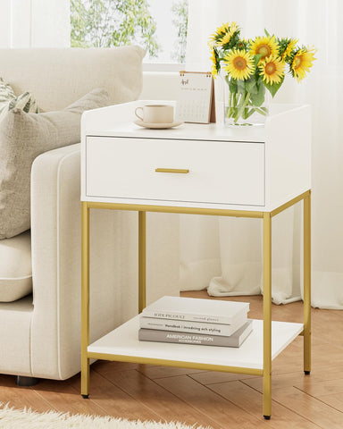HEYZOEY Bedside Table, 3-Tier Bedside Cabinet with Storage Drawer and Open Shelf, Small End Side Table with Gold Legs for Bedroom, Living Room