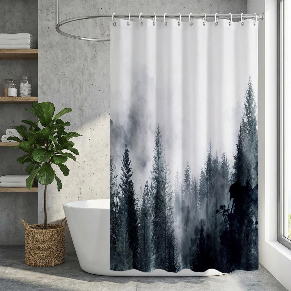 Rohxyzo Washable Shower Curtain with Hooks, Wet Room Shower Curtain 180 x 180 cm, Ink Art Misty Forest Print