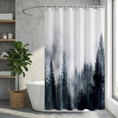 Rohxyzo Washable Shower Curtain with Hooks, Wet Room Shower Curtain 180 x 180 cm, Ink Art Misty Forest Print